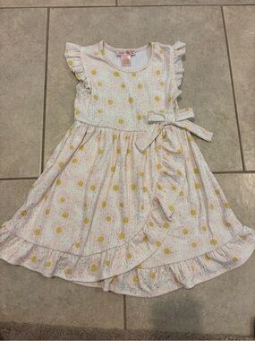 Pink Polka Dot Wrap-Style Girls Dress with Ruffle Trim